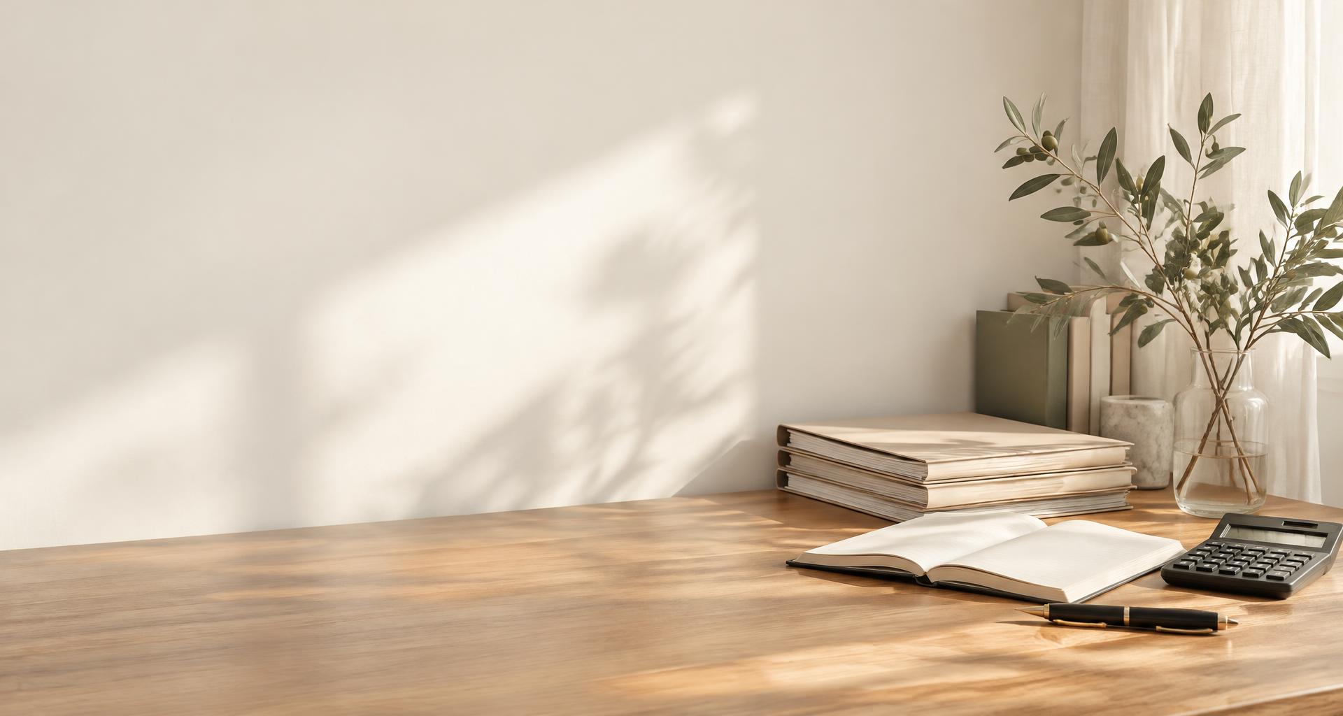 Sorgfältig geordnete Buchhaltungsunterlagen auf einem Schreibtisch im Tageslicht